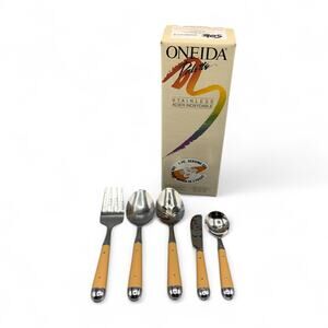 Oneida PALETTE Serving Set of 5 Nutmeg Tan Riveted Plastic Handle Stainless 1995